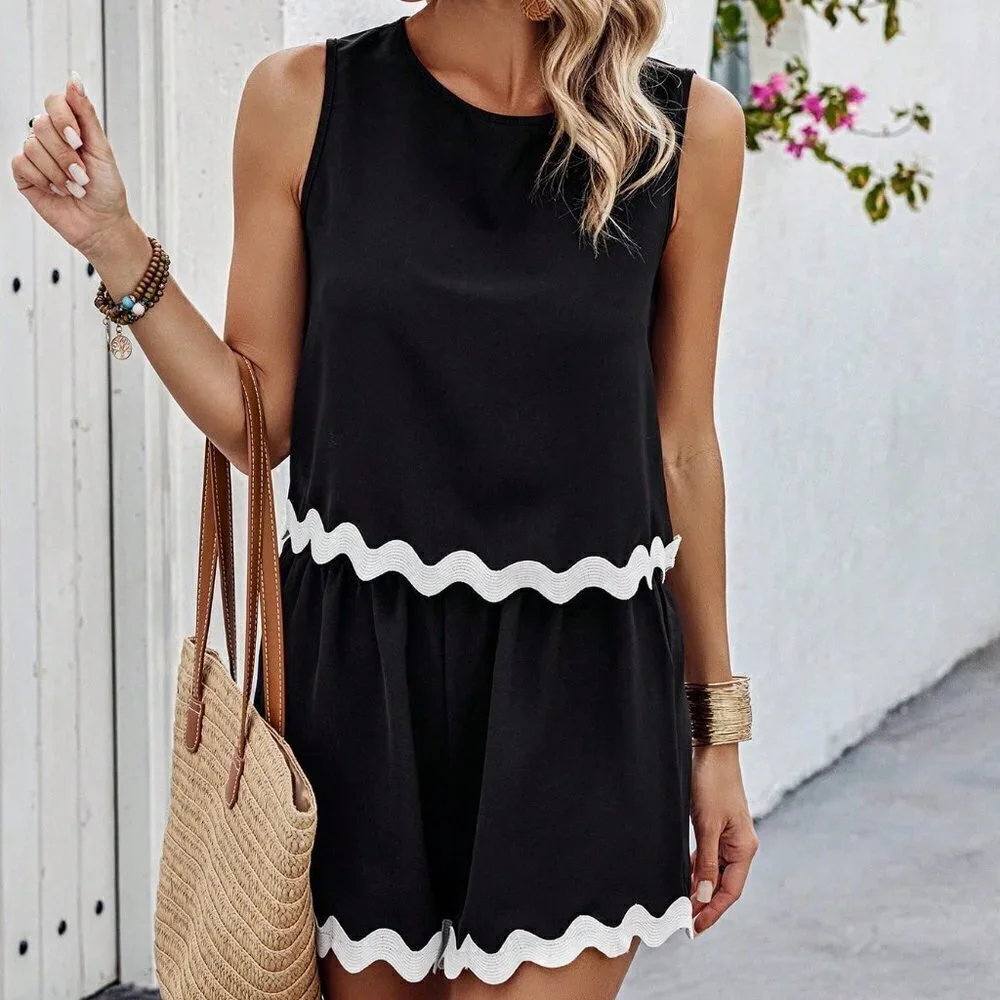 Black Casual Womens Colorblock Seashell Edge Weave Belt Detail Set - Picture 4 of 5